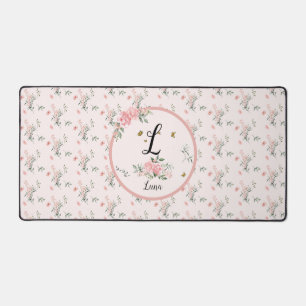 Watercolor Elegant Pink Roses with Butterflies Desk Mat