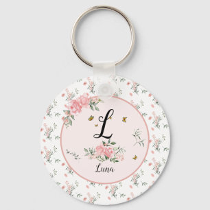 Watercolor Elegant Pink Roses with Butterflies Key Ring