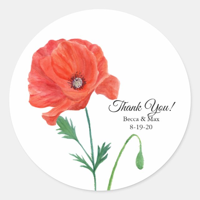 Watercolor Elegant Poppy Wedding Thank You Classic Round Sticker (Front)