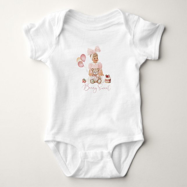 Watercolor elegant Red strawberry girl berry sweet Baby Bodysuit (Front)