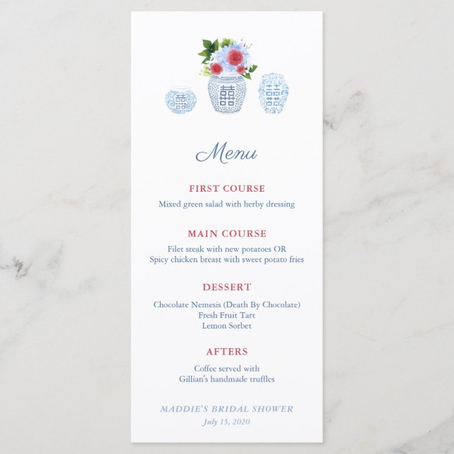 Watercolor Elegant Red White Blue Wedding Shower Menu (Front)