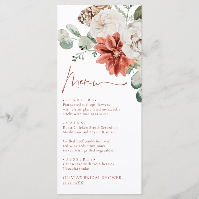 Watercolor Elegant Red Winter Christmas Holiday  Menu (Front)