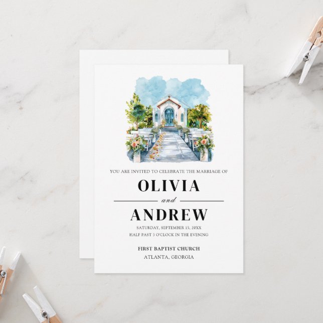 Watercolor Elegant Simple Catholic Chapel Wedding Invitation (Front/Back In Situ)