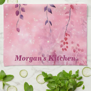 Watercolor Elegant Vines with Pink Background Tea Towel