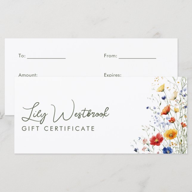 Watercolor Elegant Wildflower Gift Certificate (Front/Back)