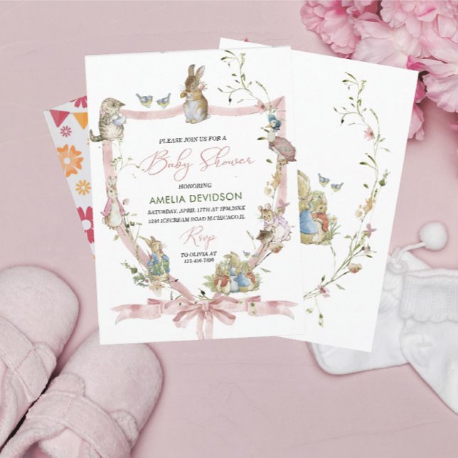 Watercolor Elegant Wildflower Peter Rabbit Baby Sh Invitation (Creator Uploaded)