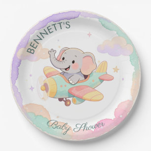Watercolor Elephant Airplane Baby Shower Plate