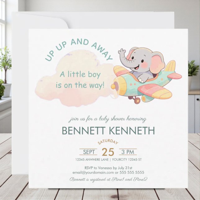 Watercolor Elephant Airplane Boy Invitation (Creator Uploaded)