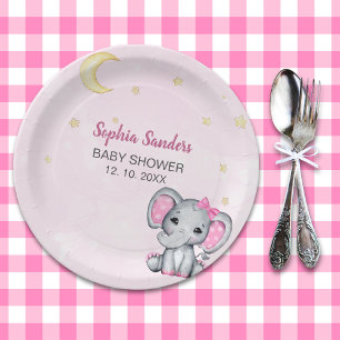 Watercolor Elephant Baby Shower Girl Pink Paper Plate