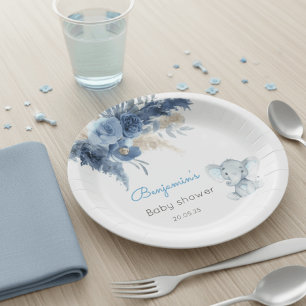 Watercolor Elephant Baby Shower Plates for Boys