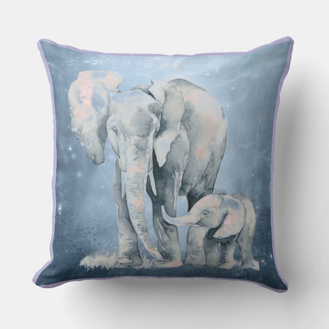 Watercolor Elephant & Baby Wildlife Animal art  Cushion (Front)