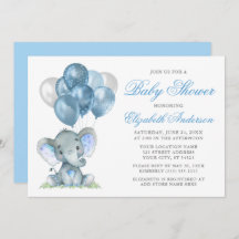 Watercolor Elephant Balloons Baby Shower Blue
