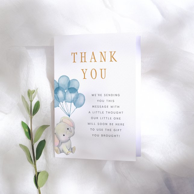 Watercolor Elephant & Blue Balloons Baby Shower Thank You Card (Creator Uploaded)