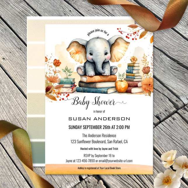 Watercolor Elephant Books Baby Shower Invitation (A cute baby shower invitation featuring a watercolor design with a baby elephant and books)