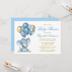 Watercolor Elephant Bow Balloons Shower Blue Gold Invitation