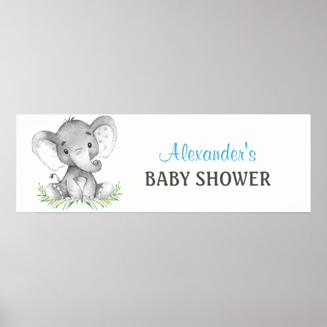 Watercolor Elephant Boy Baby Shower Banner Poster (Front)