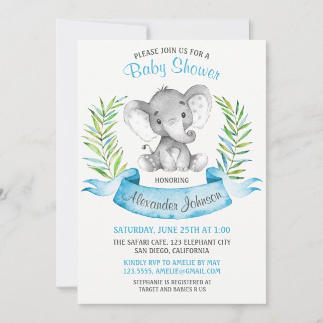 Watercolor Elephant Boy Baby Shower Invitation (Front)