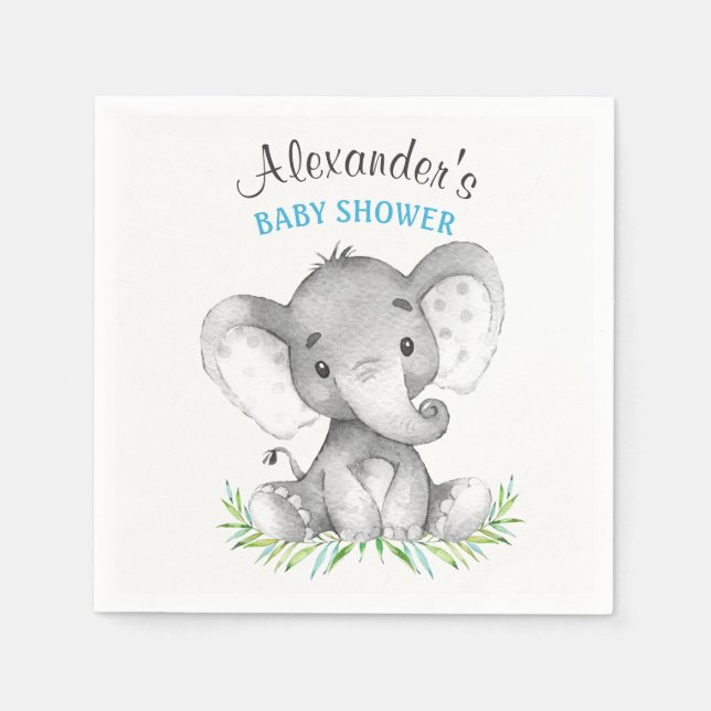 Watercolor Elephant Boy Baby Shower Napkin (Front)