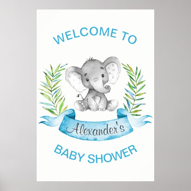 Watercolor Elephant Boy Baby Shower Poster (Front)