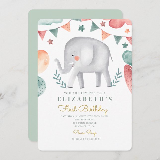 Watercolor Elephant Cute  Baloons 1st Birthday  Invitation (Front/Back)