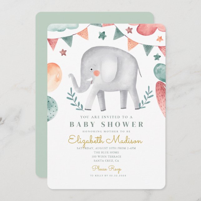 Watercolor Elephant Cute Baloons Baby Shower  Invitation (Front/Back)