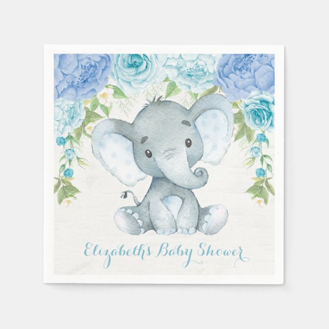 Watercolor Elephant Dusty Blue Floral Jungle Baby Napkin (Front)