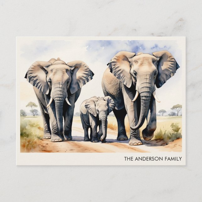 Watercolor Elephant Family Personalized Name Postcard (Front)