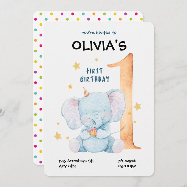 Watercolor Elephant First Birthday Invitation (Front/Back)