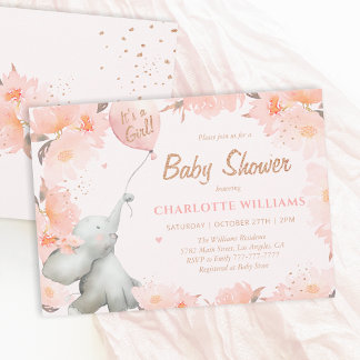 Watercolor Elephant Floral Gold Girl Baby Shower Invitation