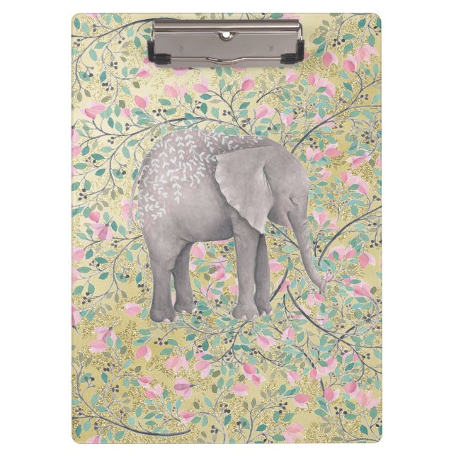 Watercolor Elephant Flowers Gold Glitter Clipboard (Front)