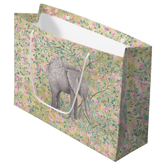 Watercolor Elephant Flowers Gold Glitter Large Gift Bag (Front Angled)