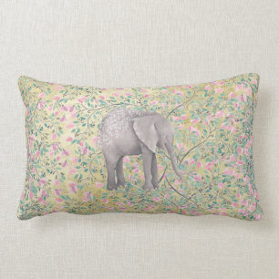 Watercolor Elephant Flowers Gold Glitter Lumbar Cushion