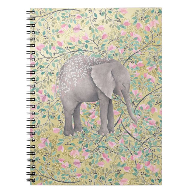 Watercolor Elephant Flowers Gold Glitter Notebook (Front)
