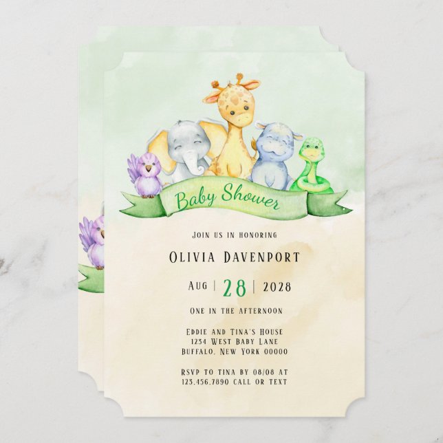 Watercolor Elephant & Friends Baby Shower Invitation (Front/Back)
