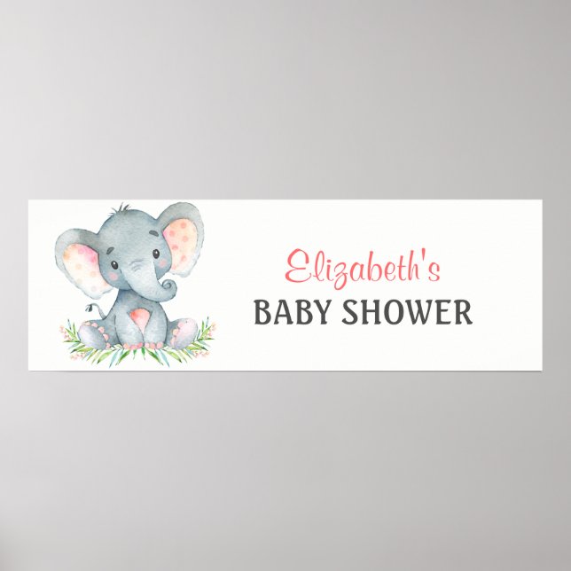 Watercolor Elephant Girl Baby Shower Banner Poster (Front)
