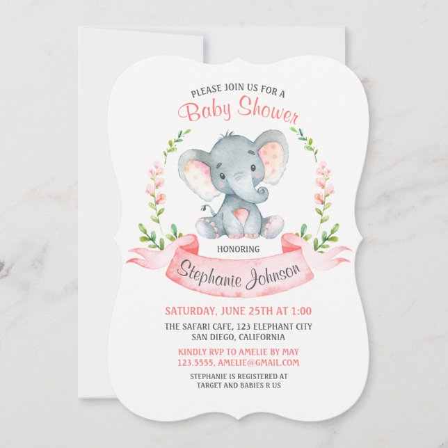 Watercolor Elephant Girl Baby Shower Invitation (Front)