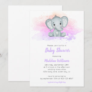 Watercolor Elephant Girl Baby Shower Invitation