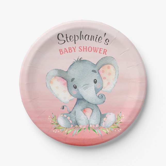 Watercolor Elephant Girl Baby Shower Paper Plate (Front)