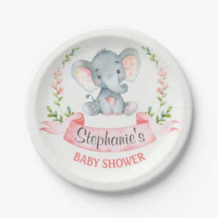Watercolor Elephant Girl Baby Shower Paper Plate