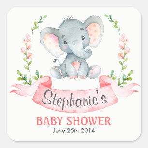 Watercolor Elephant Girl Baby Shower Square Sticker