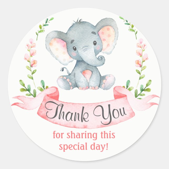 Watercolor Elephant Girl Thank You Classic Round Sticker (Front)