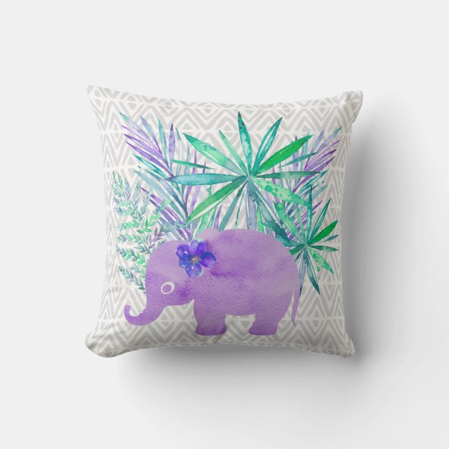 Watercolor Elephant Jungle Shibori Primitive Cushion (Front)
