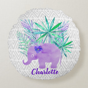 Watercolor Elephant Jungle Shibori Primitive Round Cushion