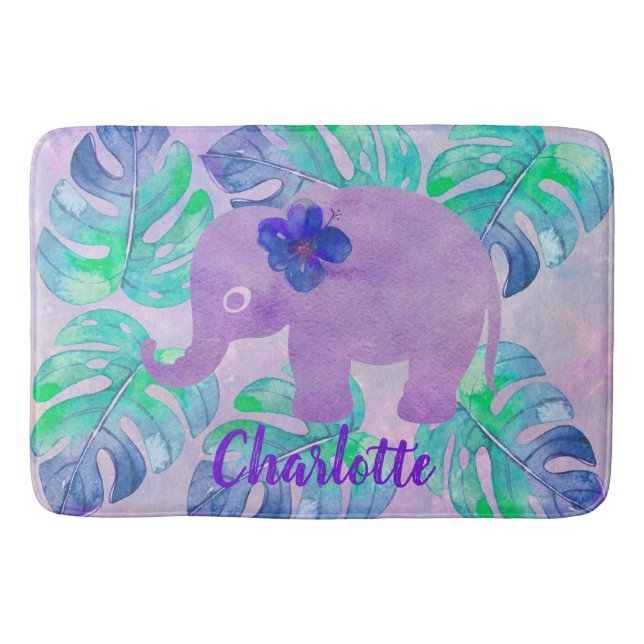 Watercolor Elephant Jungle Tropical Monstera Leaf Bath Mat (Front)
