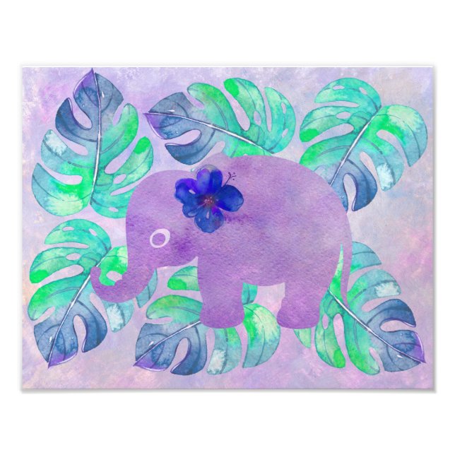 Watercolor Elephant Jungle Tropical Monstera Leaf Photo Print (Front)