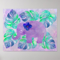 Watercolor Elephant Jungle Tropical Monstera Leaf