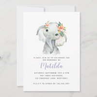 Watercolor elephant little girl birthday party