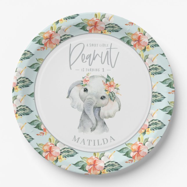 Watercolor elephant little peanut birthday party paper plate (Front)