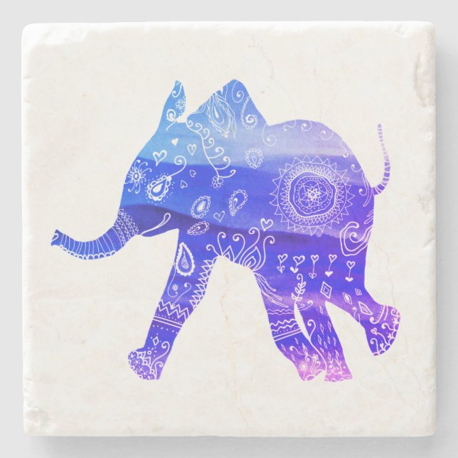 Watercolor Elephant Marble Stone Coaster (Front)