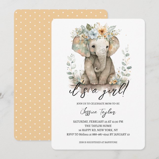 Watercolor Elephant Peach Floral Girl Baby Shower  Invitation (Front/Back)